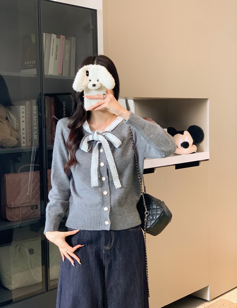 Knitted unique cardigan bow short tops for women