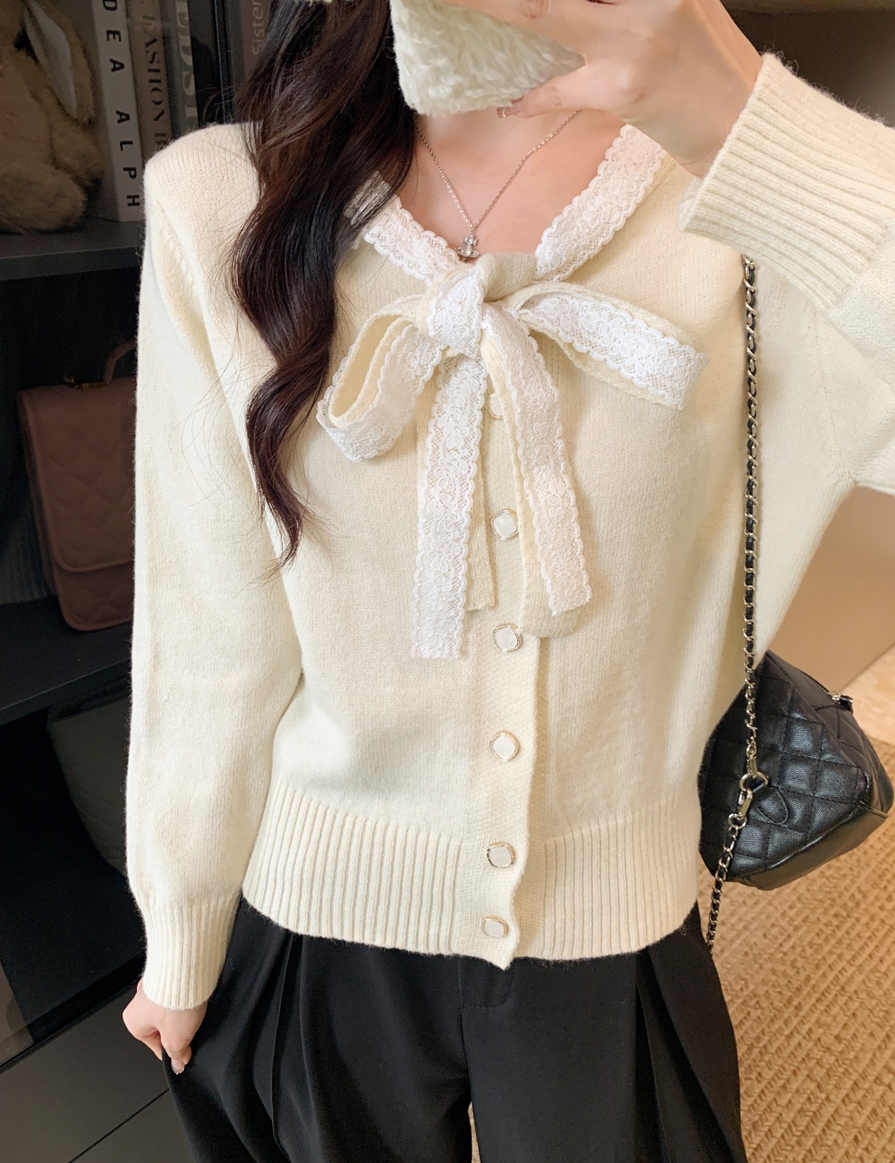 Knitted unique cardigan bow short tops for women