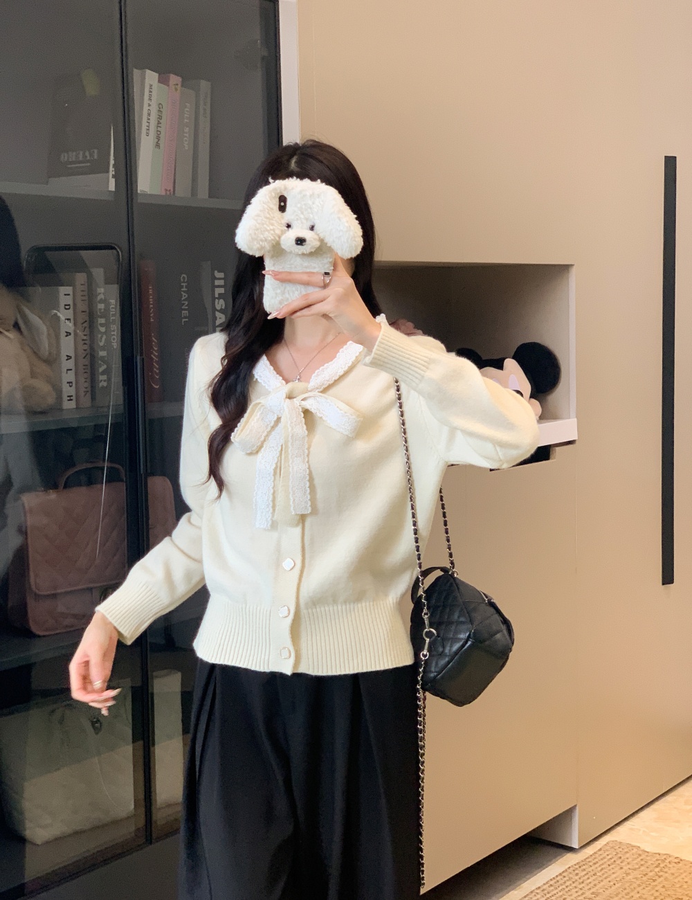 Knitted unique cardigan bow short tops for women