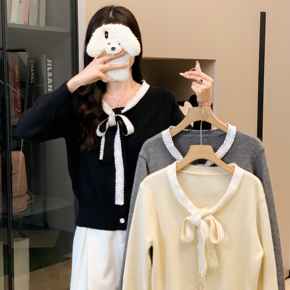 Knitted unique cardigan bow short tops for women