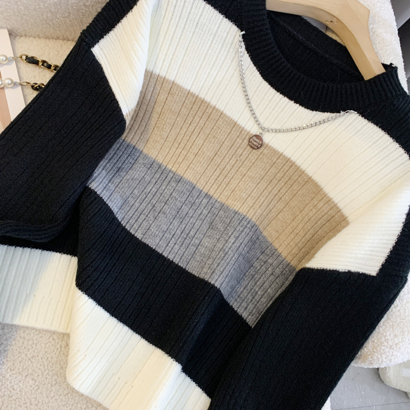 Retro autumn France style sweater knitted mixed colors tops