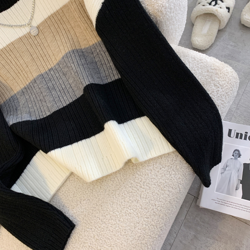 Retro autumn France style sweater knitted mixed colors tops