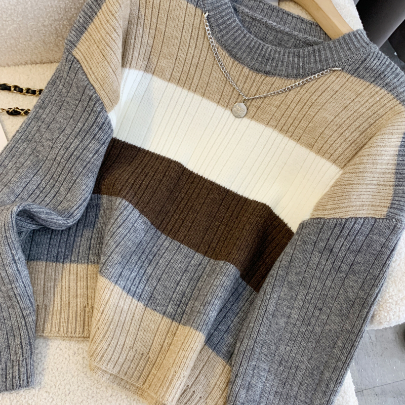 Retro autumn France style sweater knitted mixed colors tops