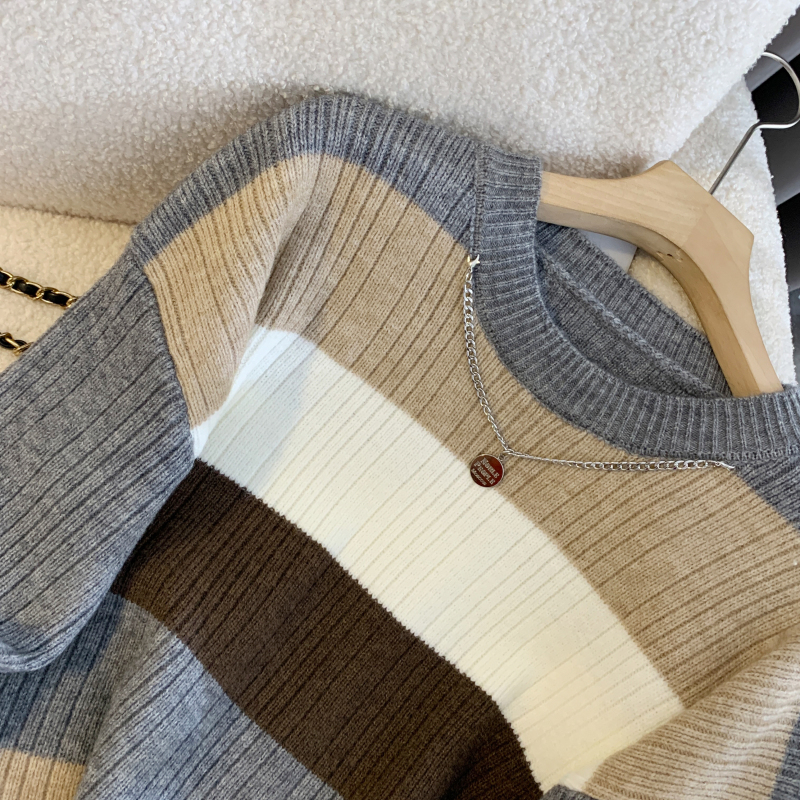 Retro autumn France style sweater knitted mixed colors tops