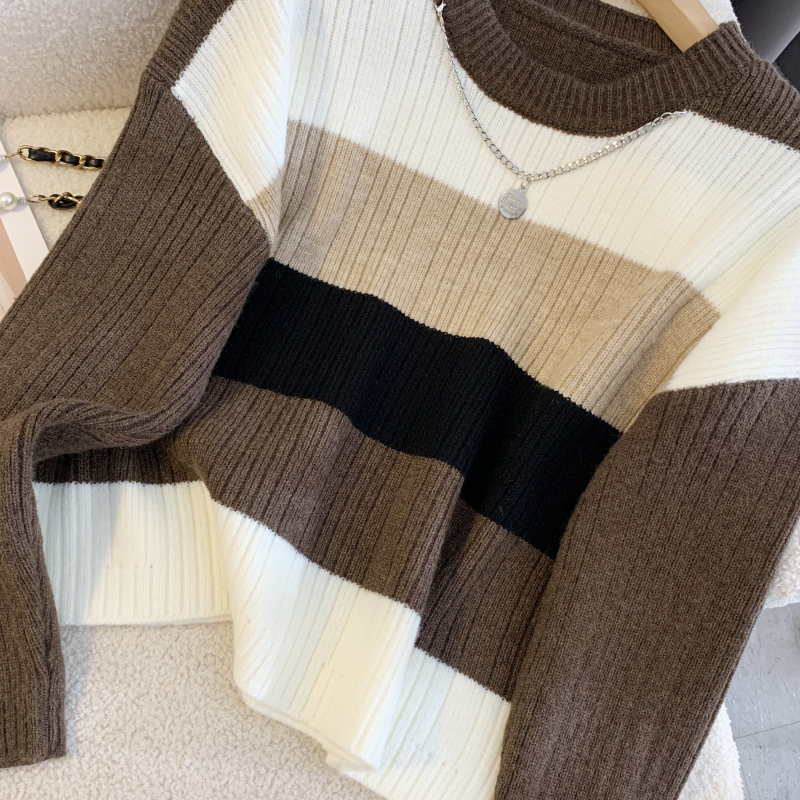 Retro autumn France style sweater knitted mixed colors tops