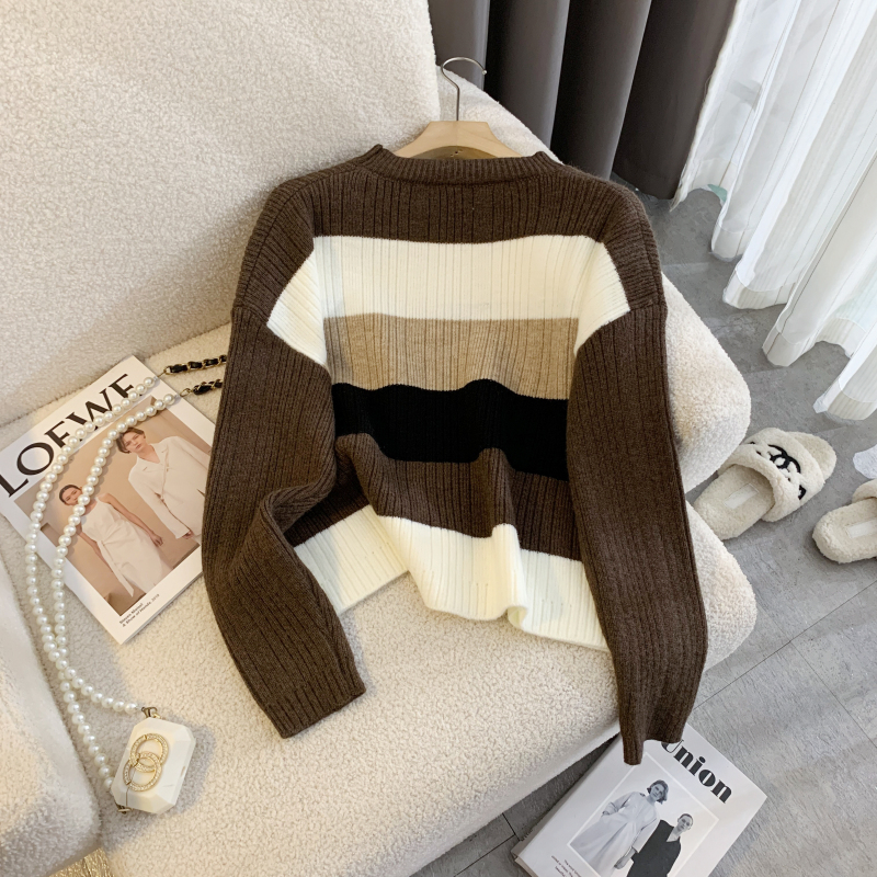 Retro autumn France style sweater knitted mixed colors tops