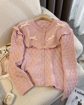 Wood ear long sleeve sweater bow cardigan for women