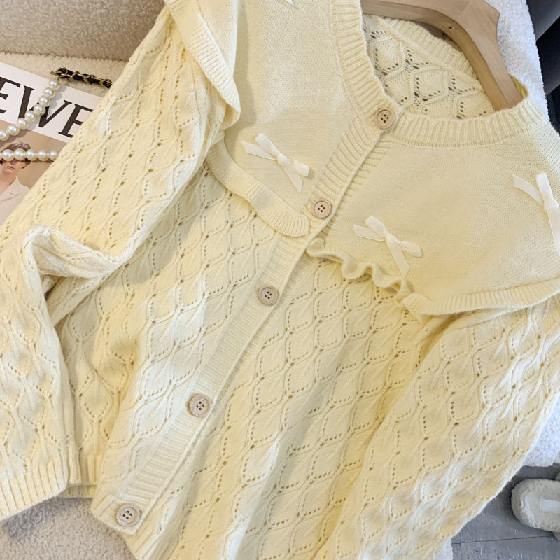 Wood ear long sleeve sweater bow cardigan for women