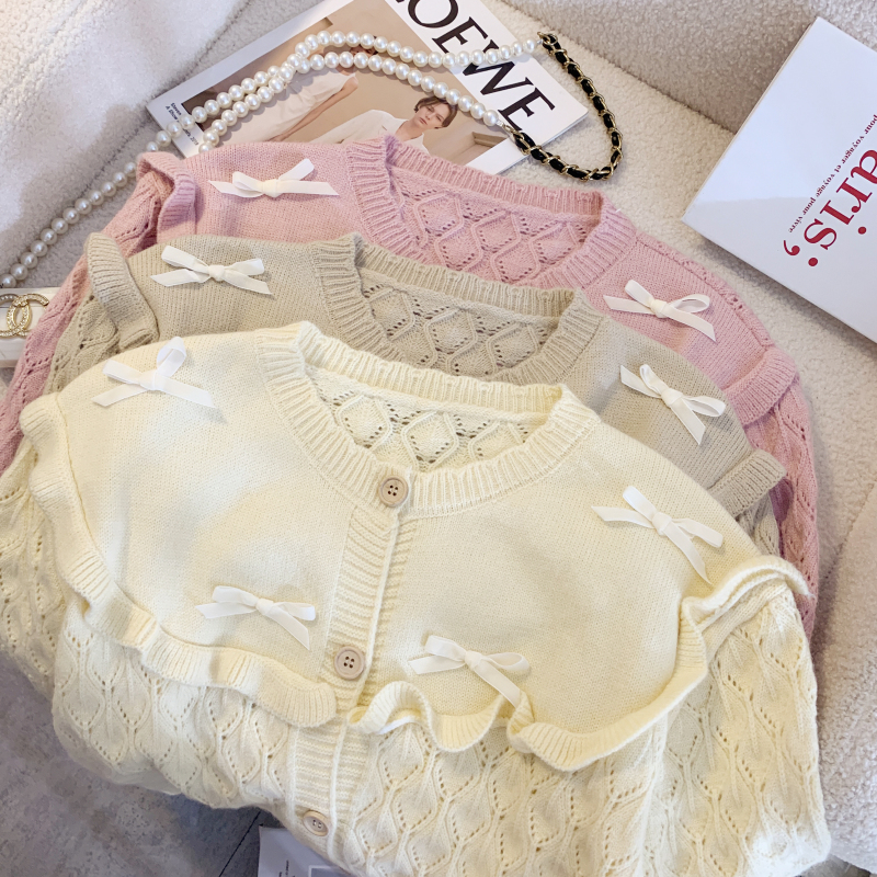 Wood ear long sleeve sweater bow cardigan for women