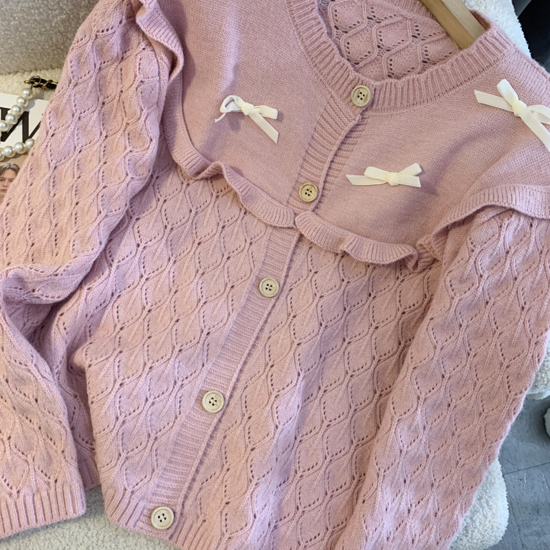 Wood ear long sleeve sweater bow cardigan for women