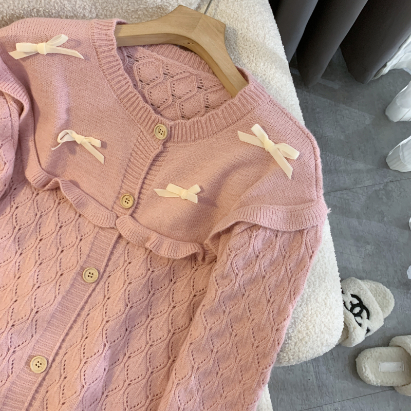 Wood ear long sleeve sweater bow cardigan for women