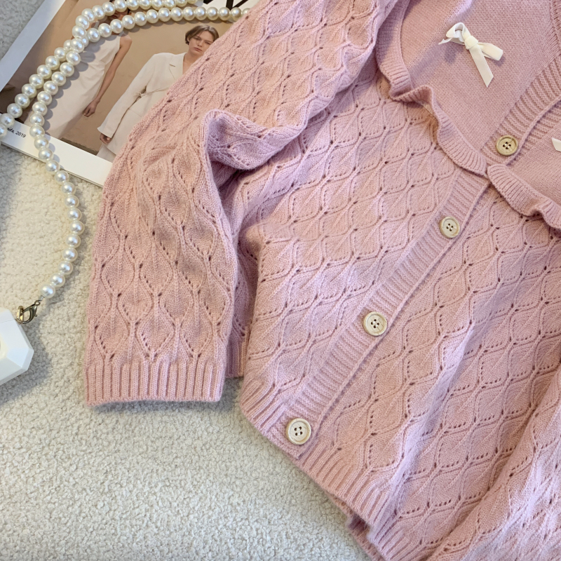 Wood ear long sleeve sweater bow cardigan for women