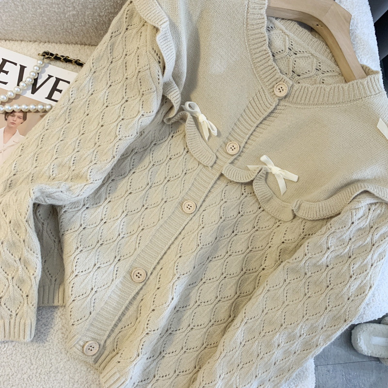 Wood ear long sleeve sweater bow cardigan for women