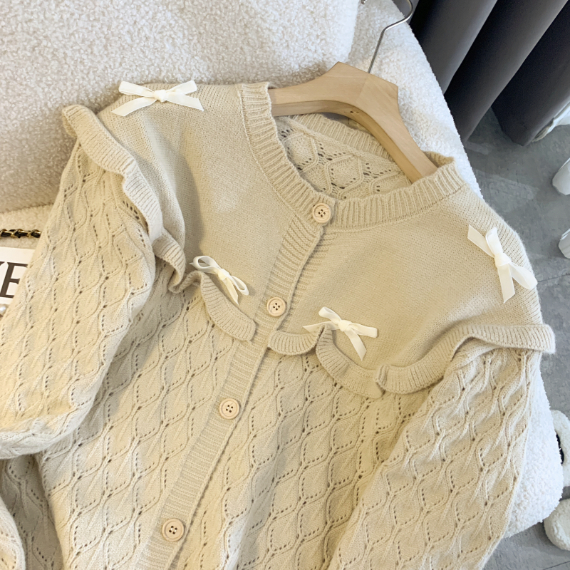 Wood ear long sleeve sweater bow cardigan for women