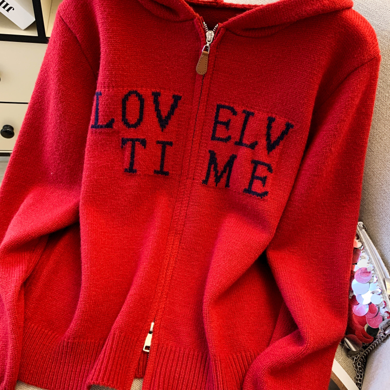 Thick zip hooded coat simple jacquard tops for women