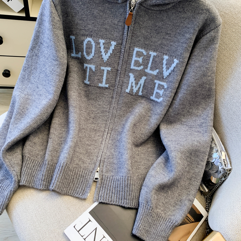 Thick zip hooded coat simple jacquard tops for women