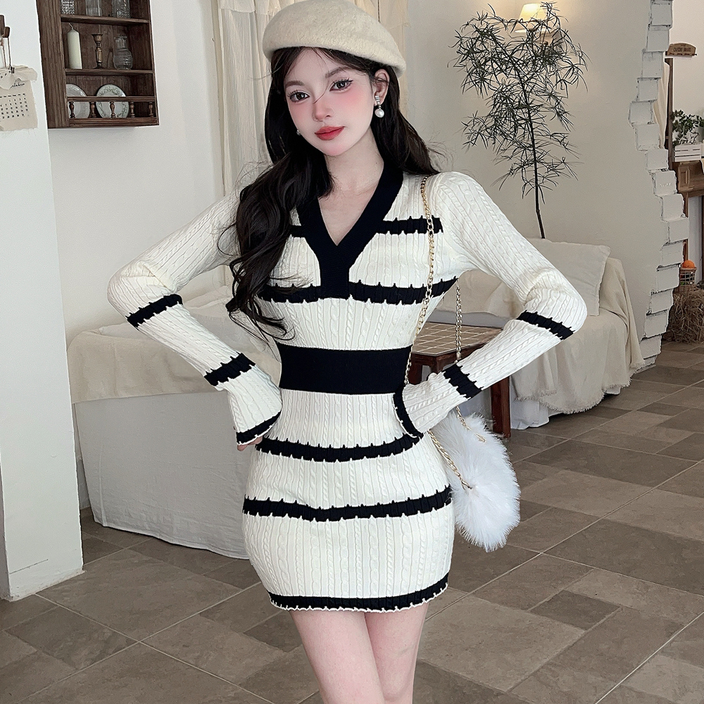 Mixed colors sweater dress stripe dress for women