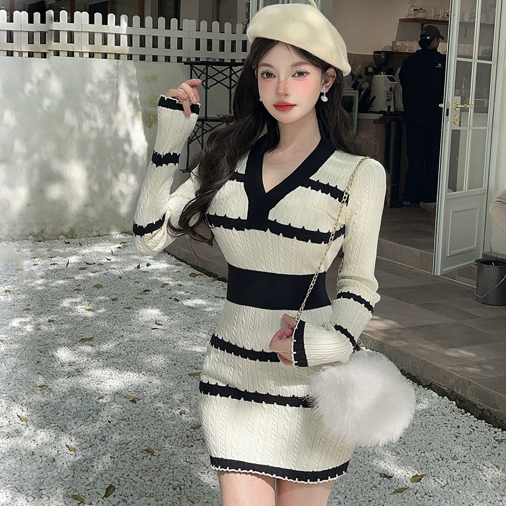 Mixed colors sweater dress stripe dress for women