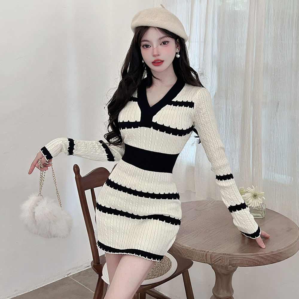 Mixed colors sweater dress stripe dress for women