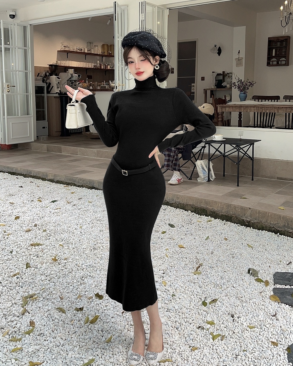 Knitted package hip sweater dress long sleeve long dress