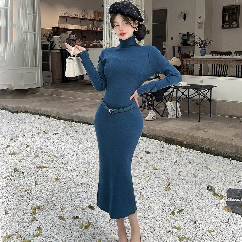 Knitted package hip sweater dress long sleeve long dress