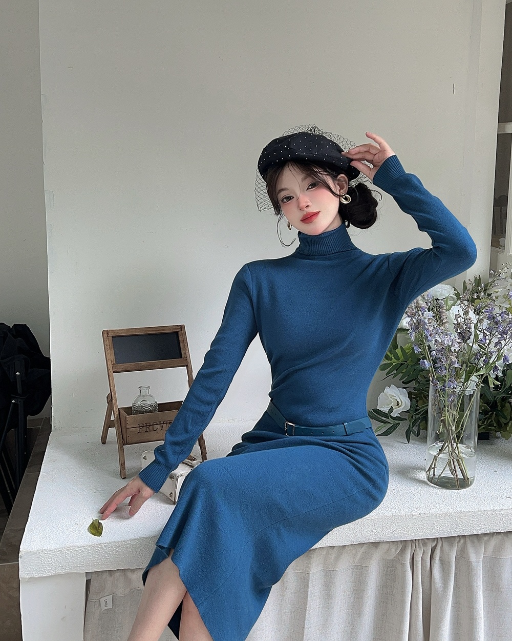 Knitted package hip sweater dress long sleeve long dress