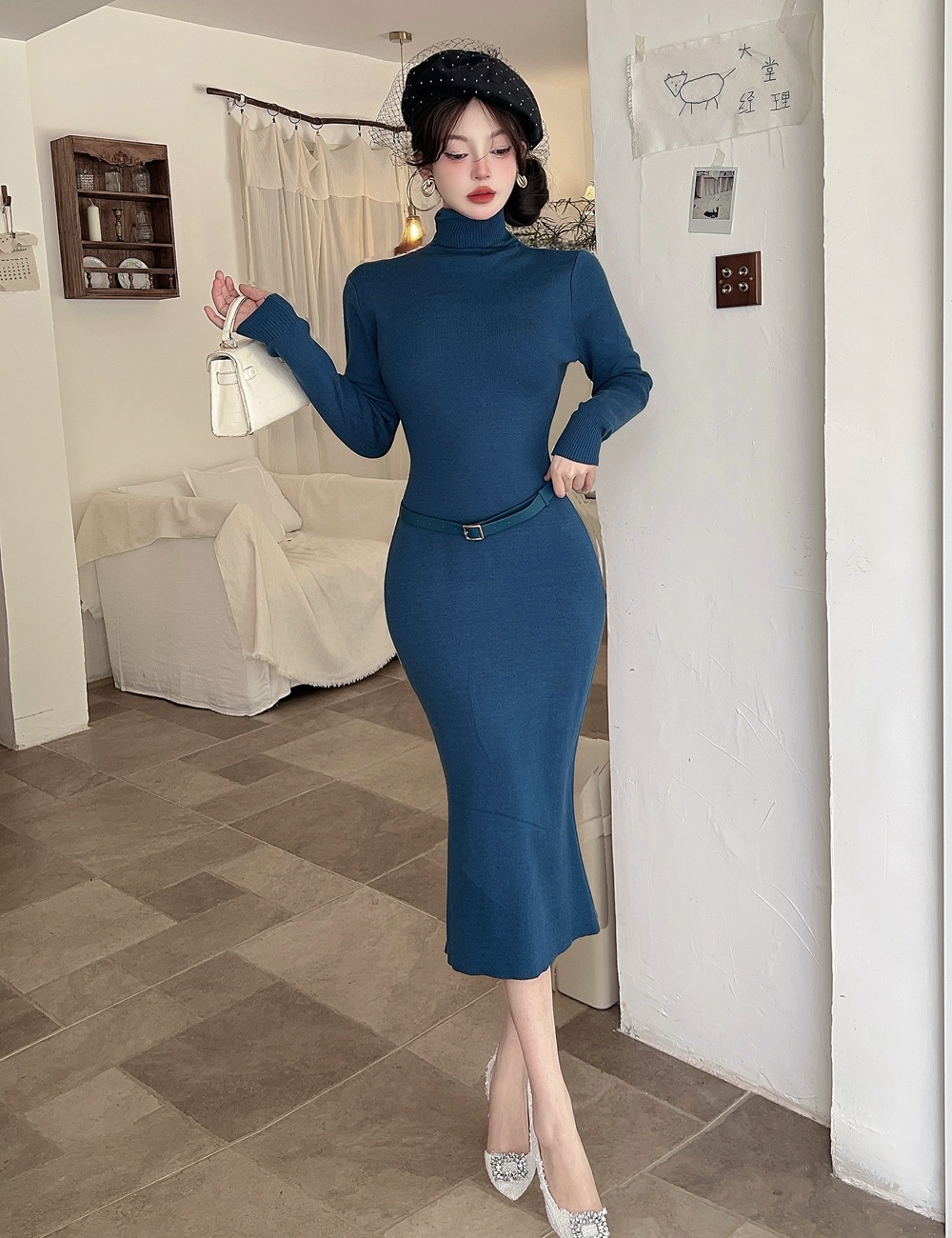 Knitted package hip sweater dress long sleeve long dress