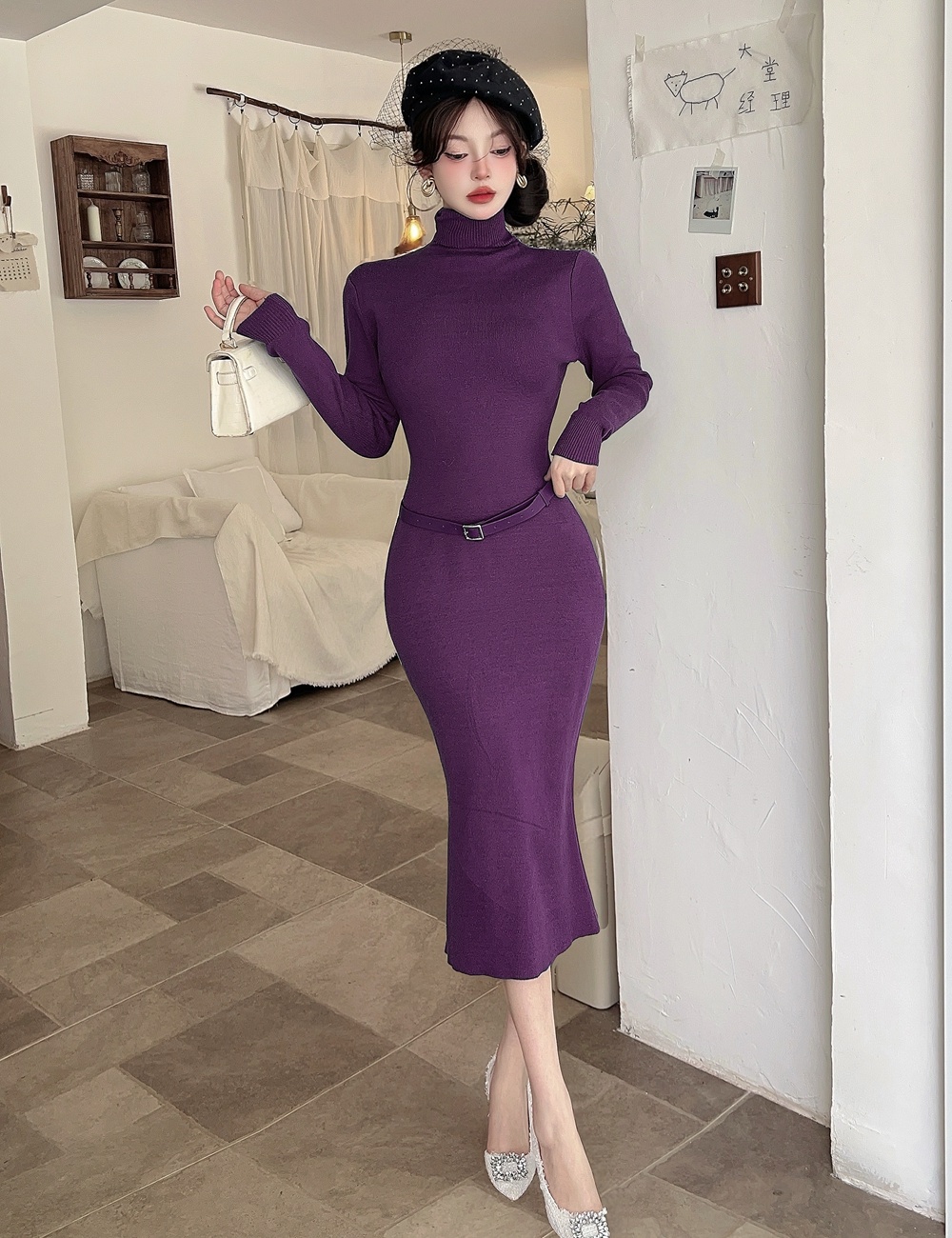 Knitted package hip sweater dress long sleeve long dress