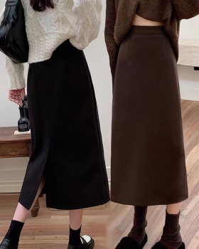 Slim split all-match woolen high waist black A-line skirt