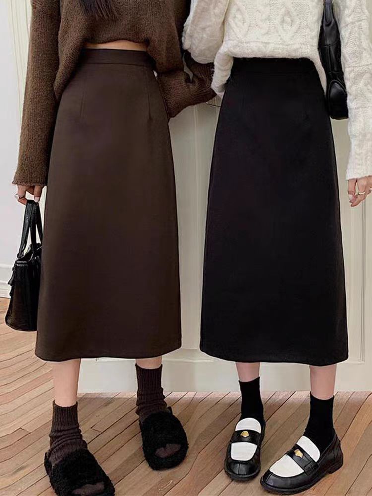 Slim split all-match woolen high waist black A-line skirt