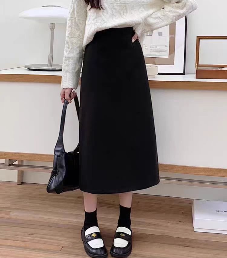 Slim split all-match woolen high waist black A-line skirt