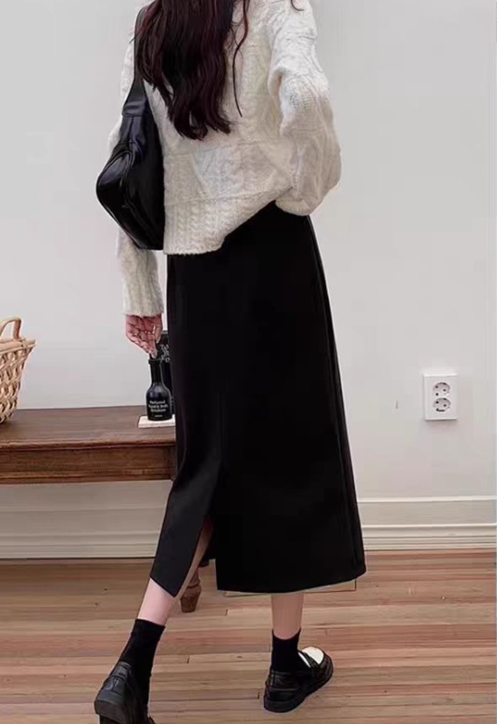 Slim split all-match woolen high waist black A-line skirt