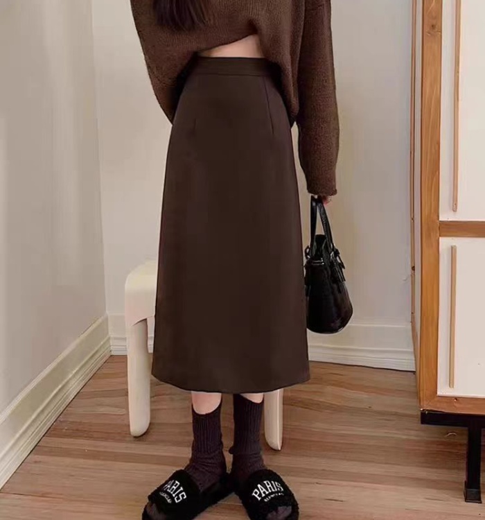 Slim split all-match woolen high waist black A-line skirt