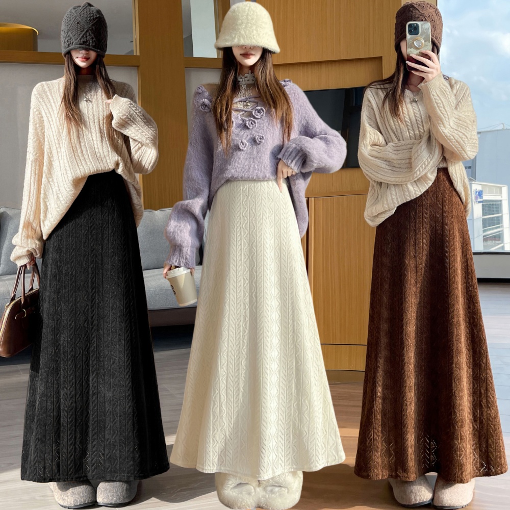 Jacquard plus velvet high waist knitted skirt for women