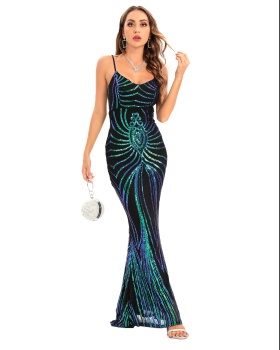 Sequins sexy halter dress sling long formal dress