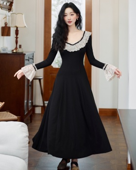 Autumn slim France style knitted black countryside dress