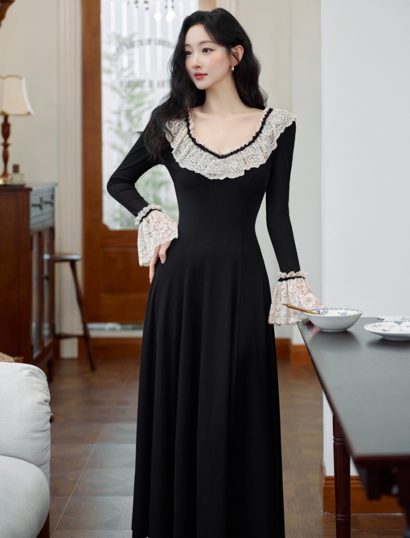 Autumn slim France style knitted black countryside dress