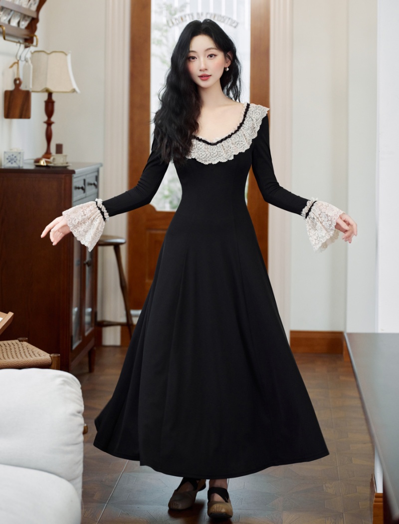 Autumn slim France style knitted black countryside dress