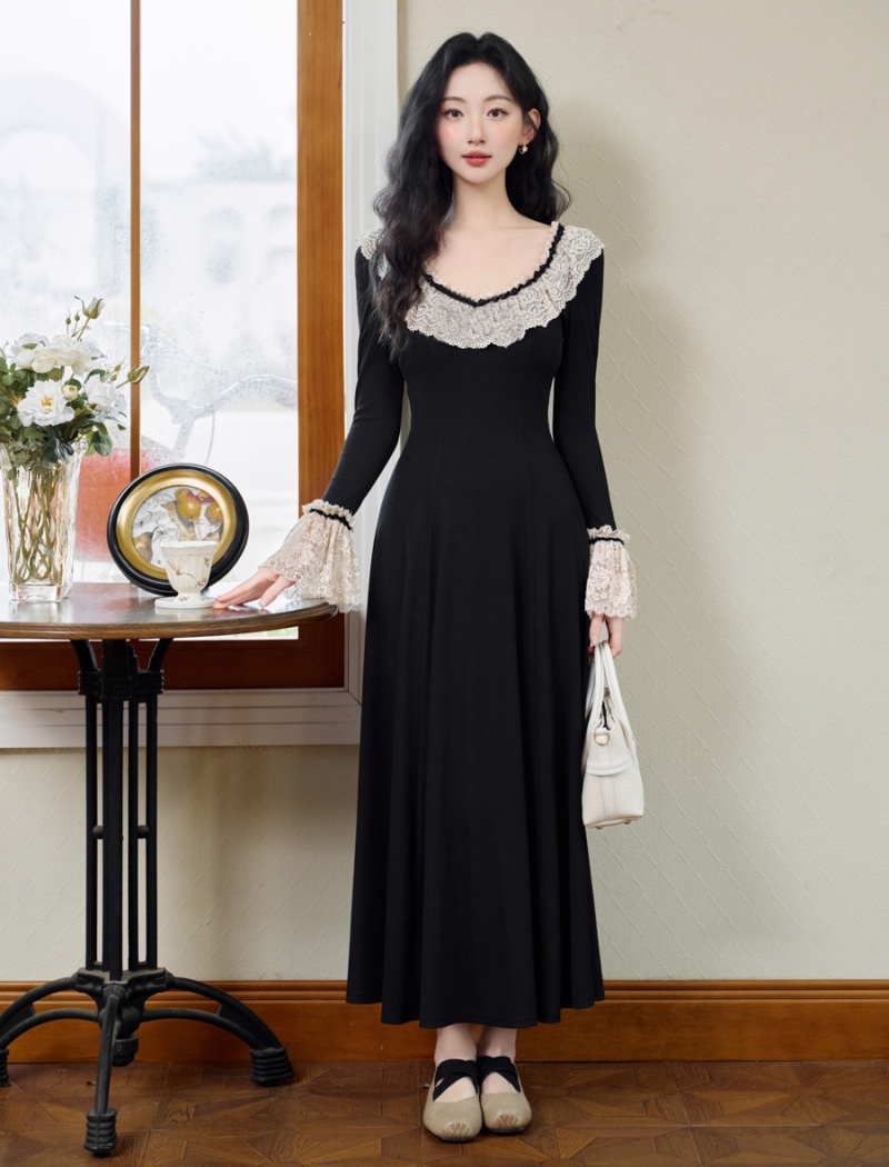 Autumn slim France style knitted black countryside dress