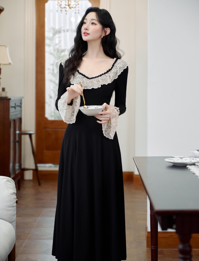 Autumn slim France style knitted black countryside dress