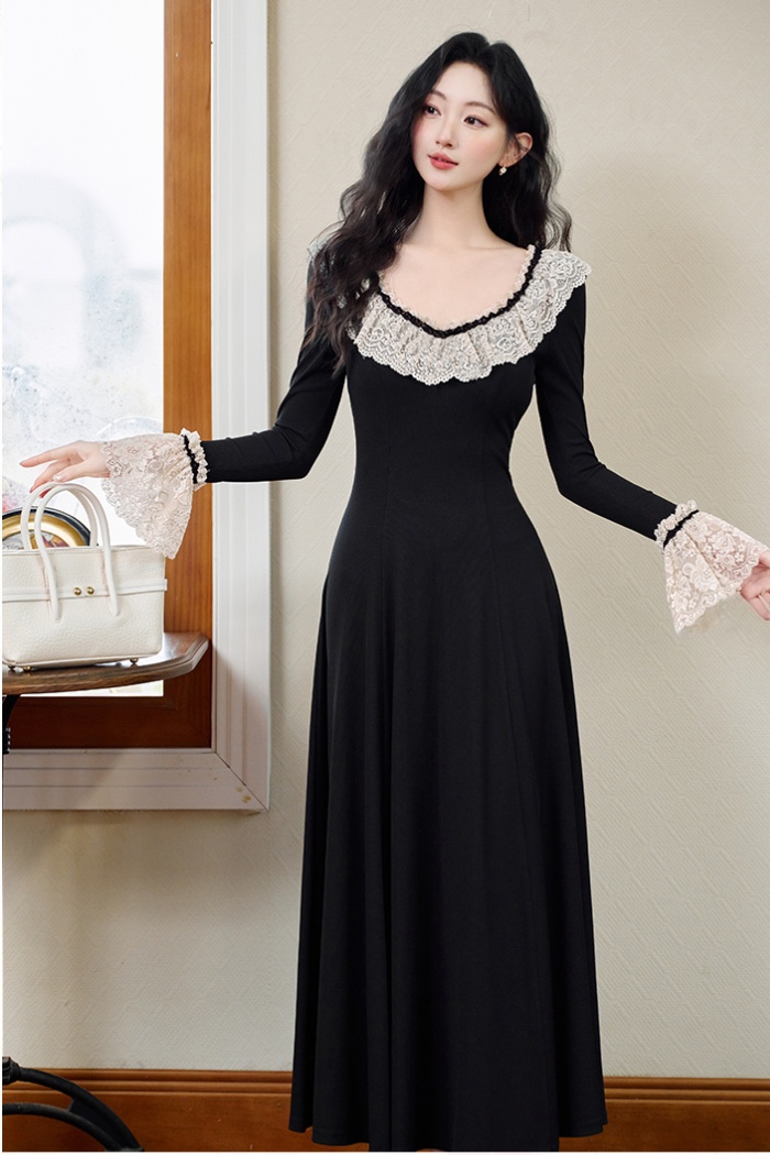 Autumn slim France style knitted black countryside dress