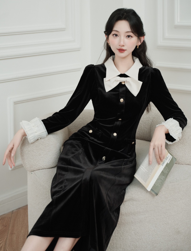 Retro velvet dress autumn long dress