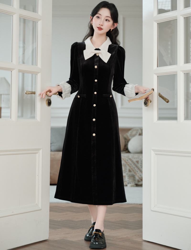 Retro velvet dress autumn long dress