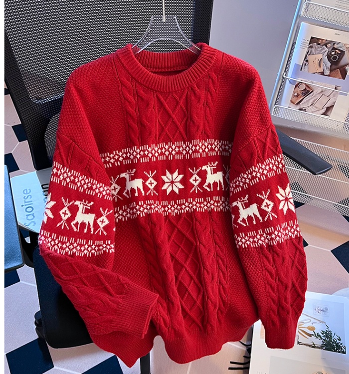Knitted lazy sweater christmas jacquard tops for women