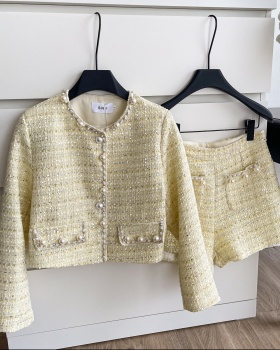 Beading shorts round neck woolen coat a set