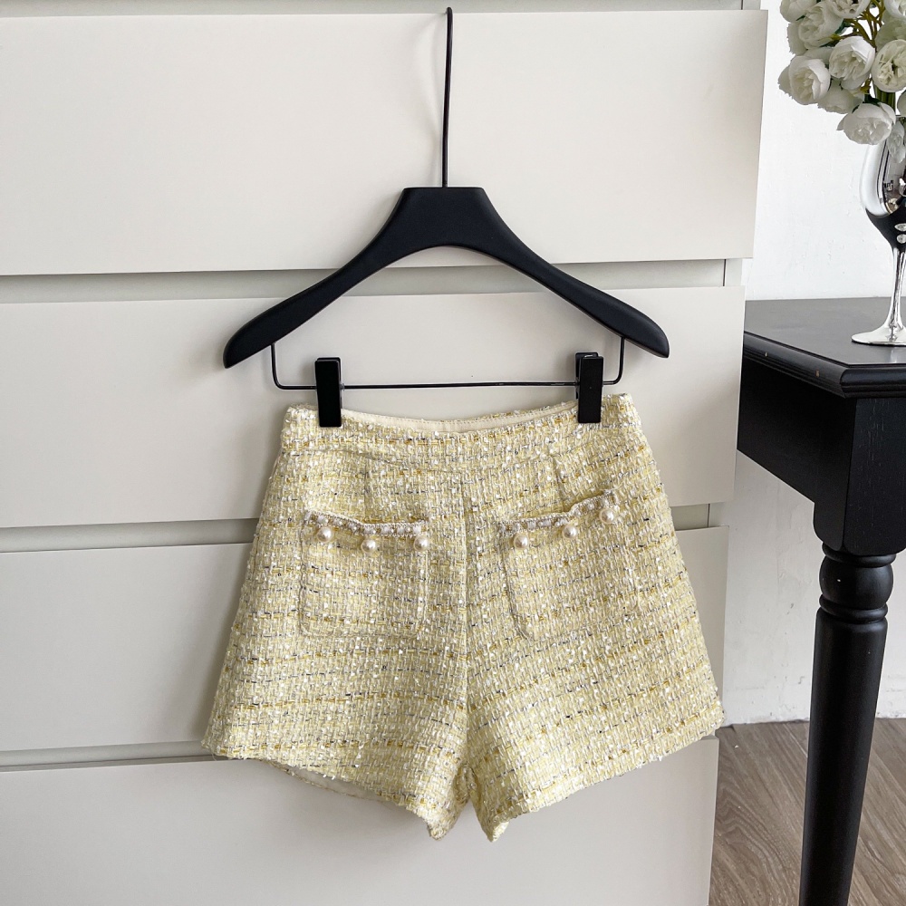 Beading shorts round neck woolen coat a set