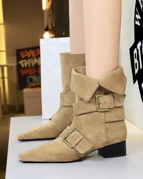 Retro belt buckle short boots thick women's boots