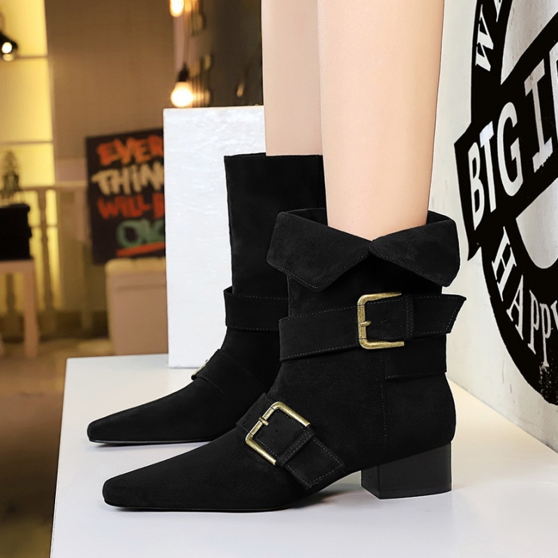 Retro belt buckle short boots thick women's boots