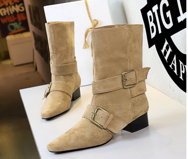 Retro belt buckle short boots thick women's boots