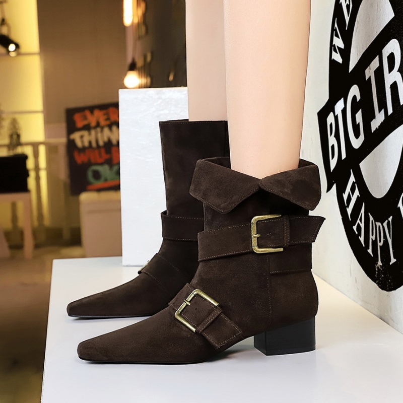Retro belt buckle short boots thick women's boots